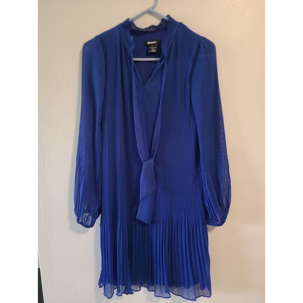DKNY Shift Dress Size 4 Blue Balloon Long Sleeve V-Neck Pleated Tie Knee Length